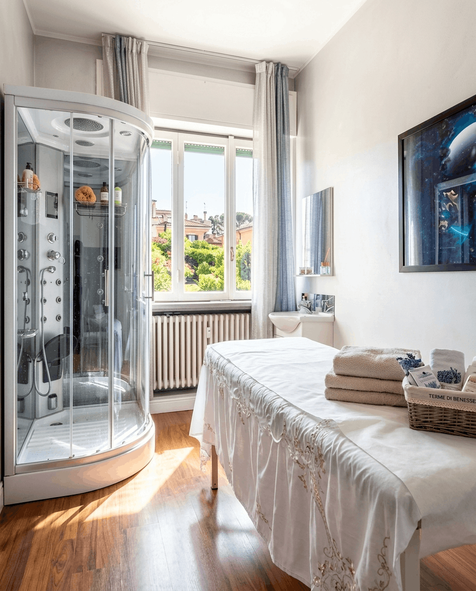 Sala bianca minimalista con pietre calde